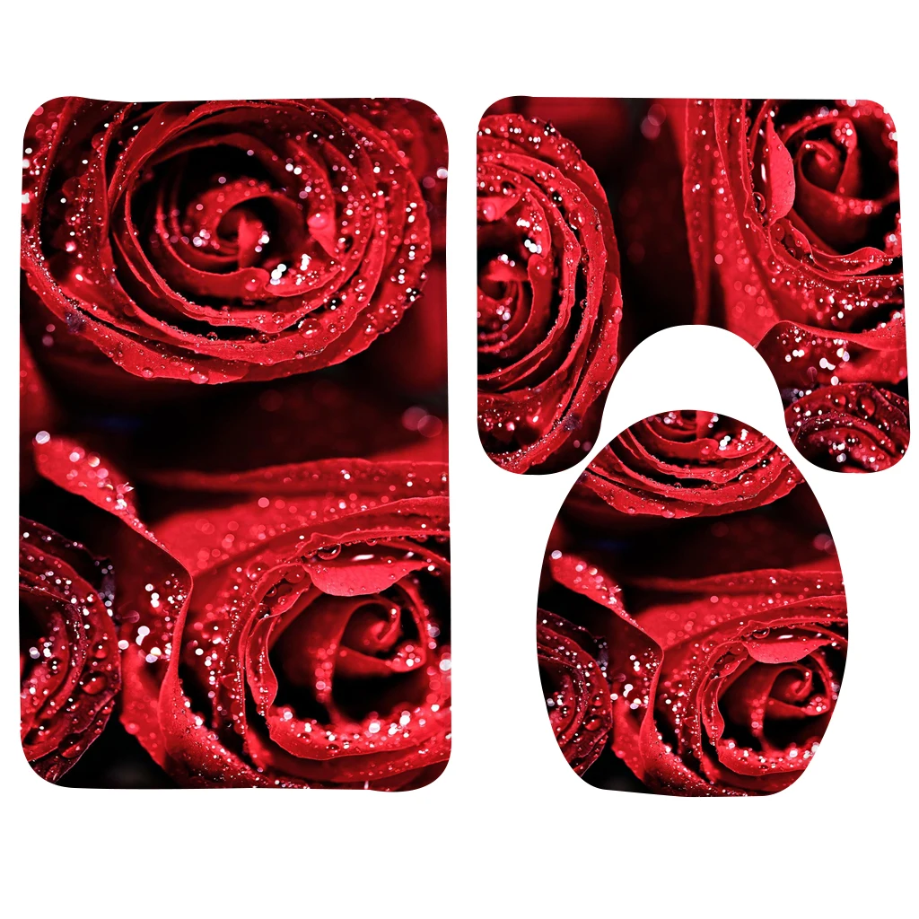 3pcs Toilet Mat Set Red Roses Flowers Drops Pattern Bathroom Rug Non