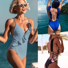 Новинка, женский слитный купальник с оборками, полосатый слитный купальник, пуш-ап, сексуальный купальник, летний Монокини, боди