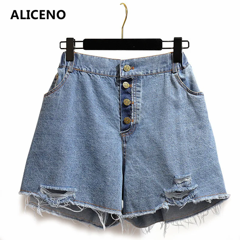 

ALICENO 6XL-2XL BIG SIZE Summer Women Mid Waist Light Blue Casual Jeans Shorts Button Fly Straight Hole Ladys Denim Shorts