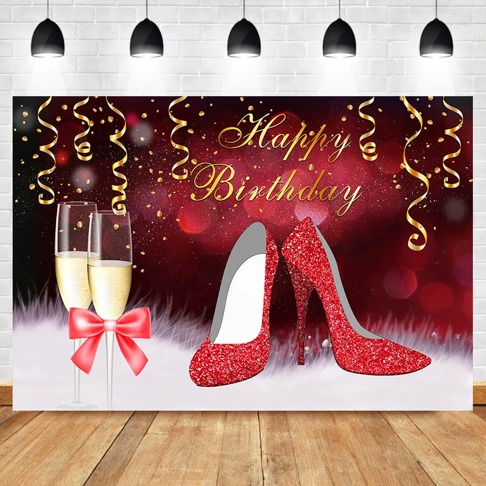 

NeoBack Red High Heels Birthday Backdrop Elegant Lady Champagne Birthday Celebration Photography Background Red Bokeh Backdrops