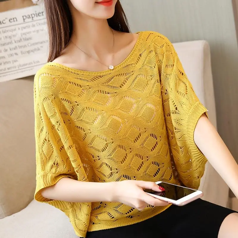 

New O Neck Women's Sweaters Knitted Summer Yellow Top Pink Blue Hollow Out Woman Knit Jumper Thin Loose Batwing Sleeve Pullover