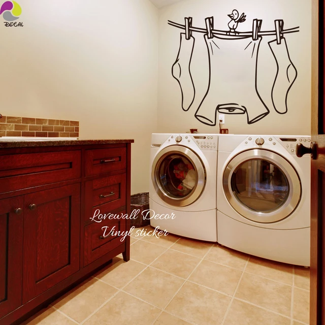 laundry room sign wall sticker cute clothes line with bird wall