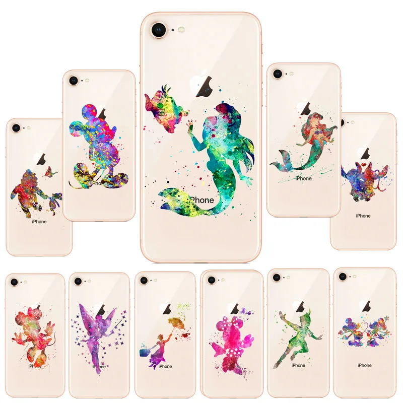 New Watercolor Art Snow White Cinderella Mermaid Silicone Case For iphoneX 7 8 8Plus 6SPlus 5S SE Phone Cases Mickey Mouse | Мобильные