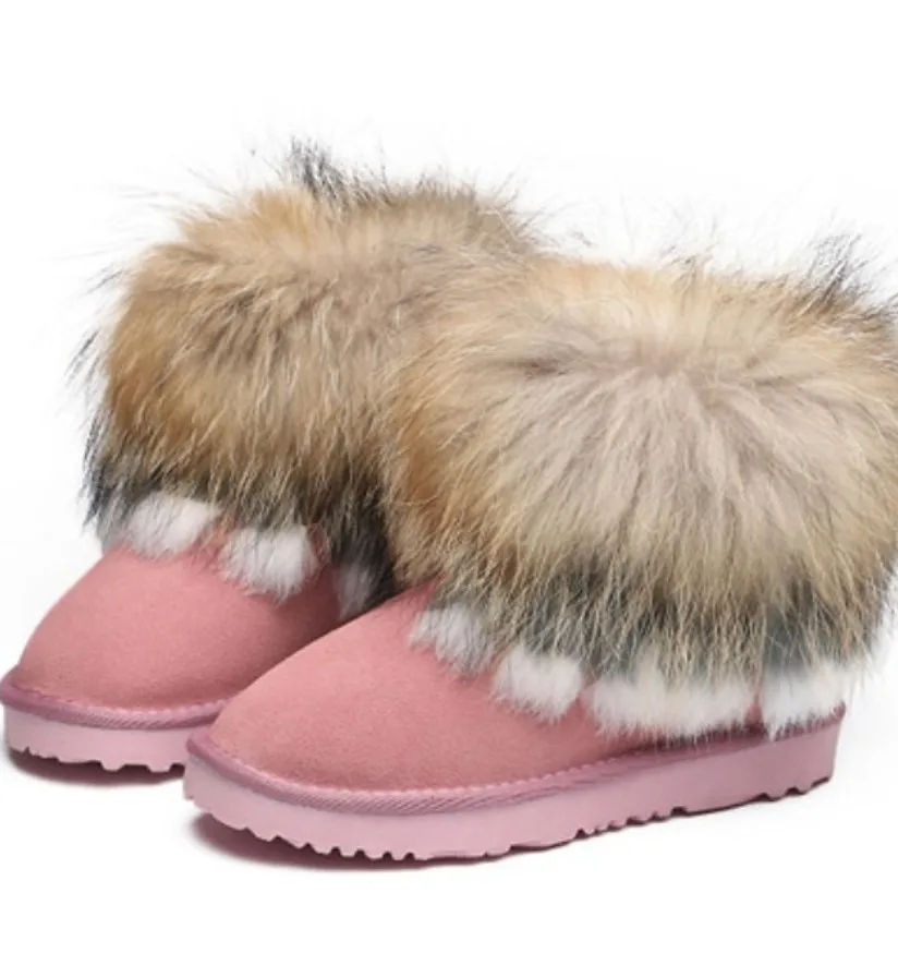 

6 color women winter warm snow boots oversized real genuine natural fox rabbit fur furry plush ankle boots Genuine Leather Boots
