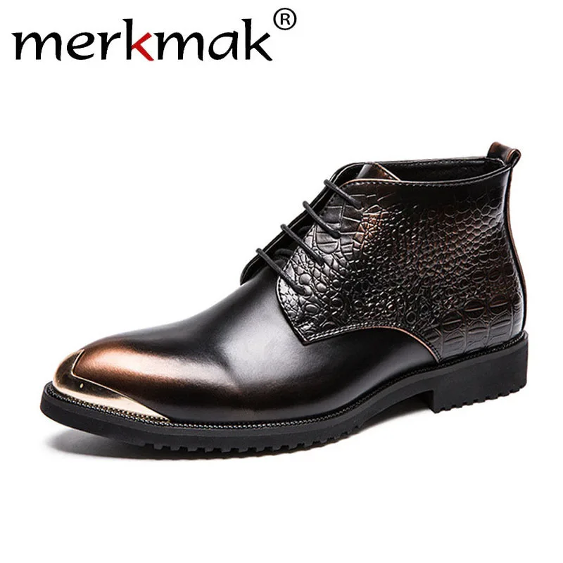 

Merkmak New Retro Luxury Brand Men Shoes Autumn Winter Men's Oxfords Fashion Crocodile Pointed Gold Man Shoe Flat Party Wedding