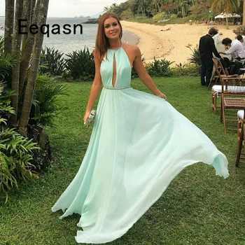 

New Arrival Long A line Chiffon Evening Dresses 2019 Halter Backless Crystal Belt Formal Gowns Custom Made Robe De Soiree
