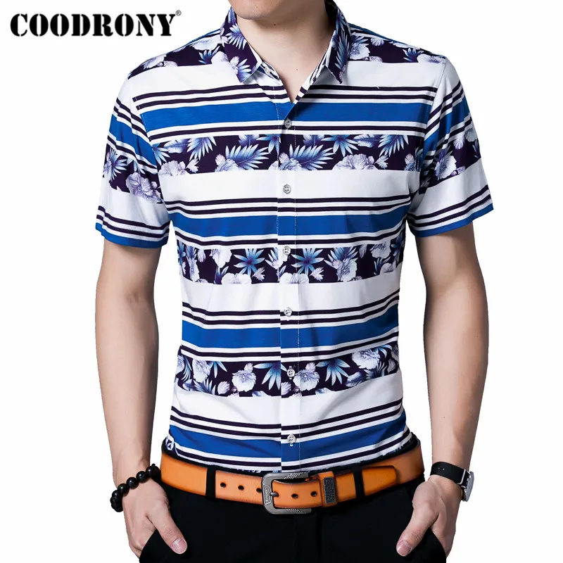 

COODRONY Men Shirt Summer Streetwear Fashion Floral Slim Fit Short Sleeve Hawaii Shirt Men Clothing Cotton Casual Shirts S96072