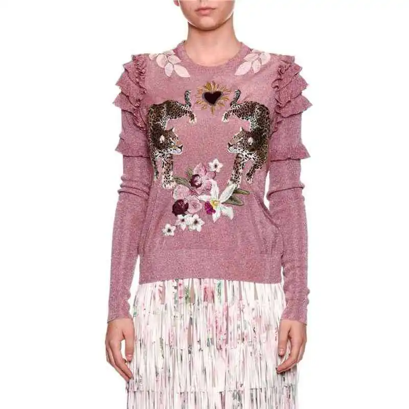2018 Winter Christmas Animal Embroidery Pink Knitted Sweaters Pullovers Women Runway Design Ruffle Elegant Clothes Lady Jumper 