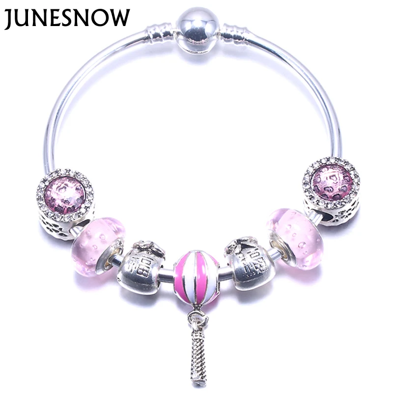 

JUNESNOW Women Charm Jewelry Strand Bracelets Silver plating snowflake Pendant transparent Bead Female Bracelet ZY1037
