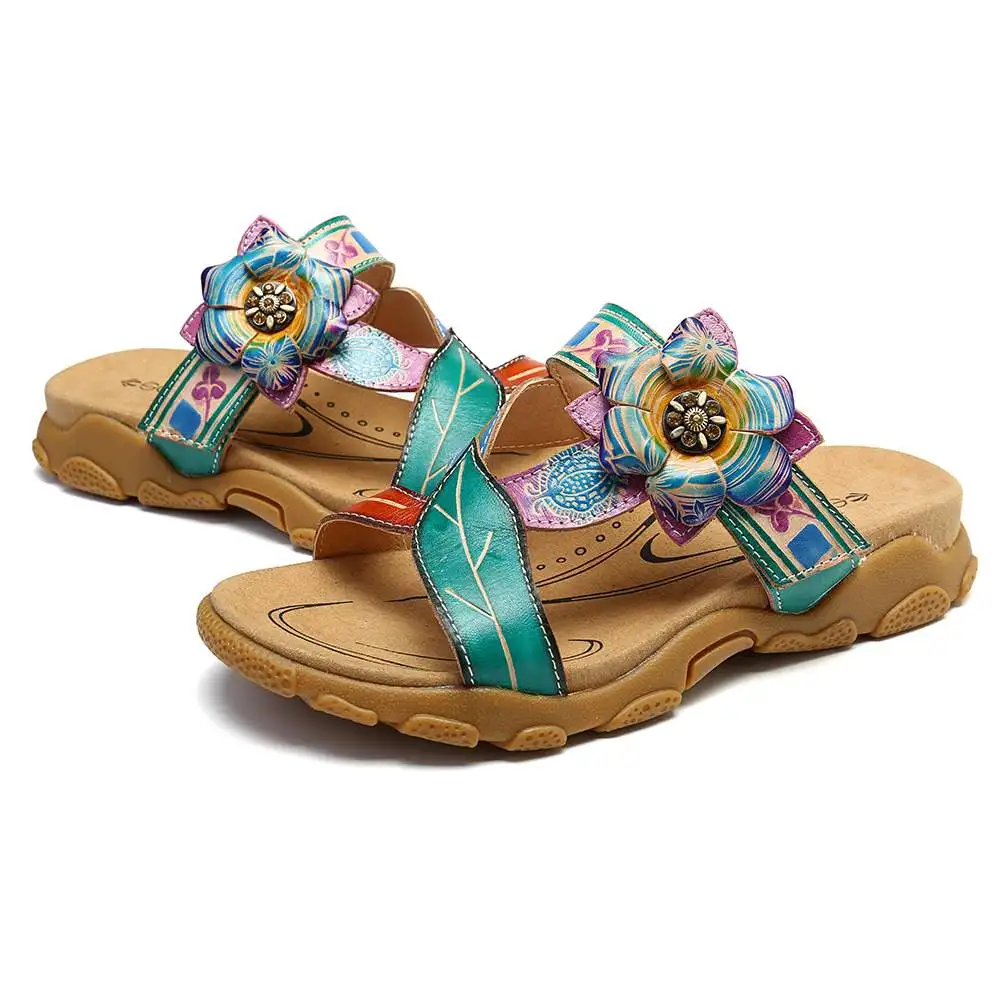 SOCOFY/туфли из мягкой натуральной кожи; ручная роспись; цветочный узор; регулируемые босоножки на липучке; удобная элегантная обувь