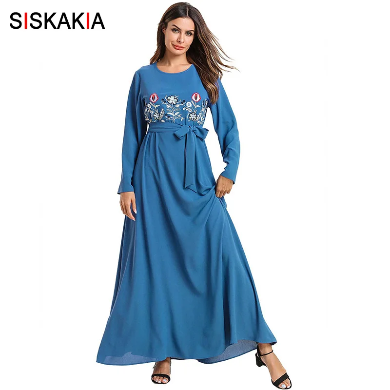 

Siskakia Spring 2019 Casual Long Dress Muslim Floral Embroidery Maxi Dresses Blue Round Neck Long Sleeve Ethnic Draped Swing New