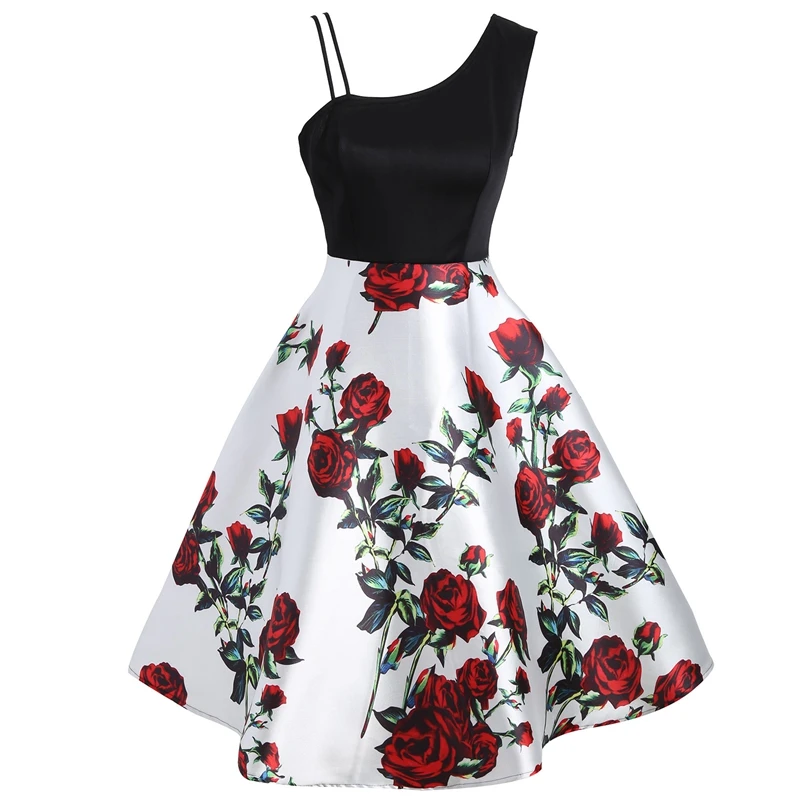 

2Color Women Cocktail Party Sloping Shoulder Rose Large Hem Slip Dress Floral Printing Vintage Fit&Flare Summer Dresses Vestidos