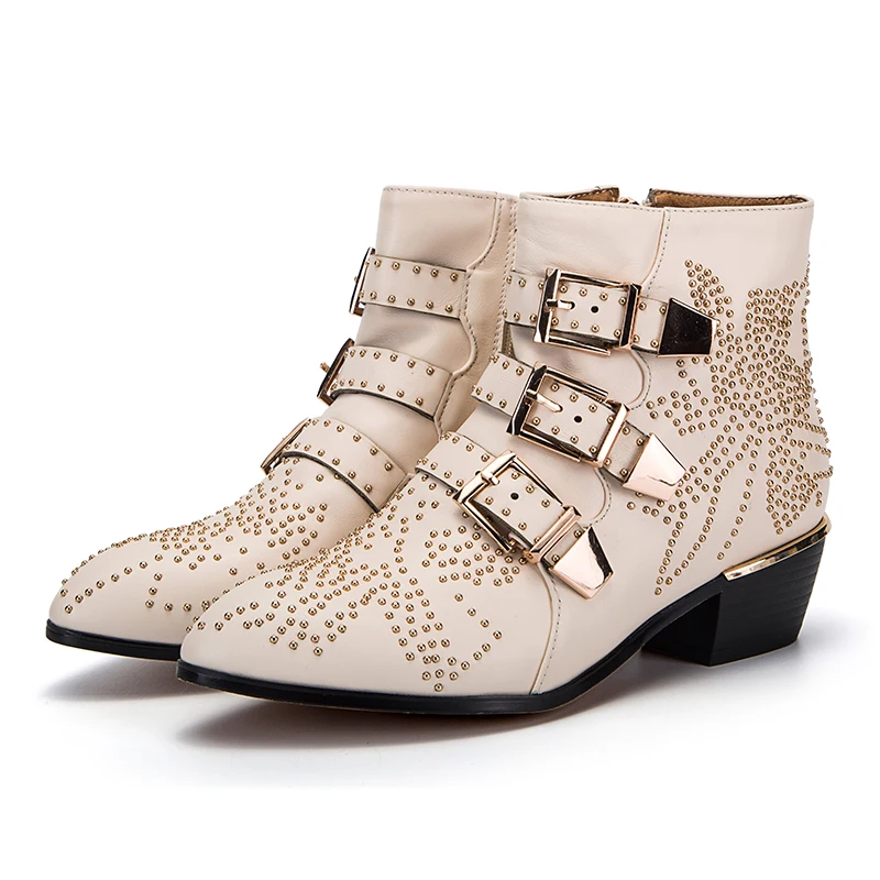 

Eunice Choo Floral Rivet Studded Buckle Zipper Ankle Boot Solid Leather Motorcycle Boots Pointed Toe Chunky Heel Women Shoes