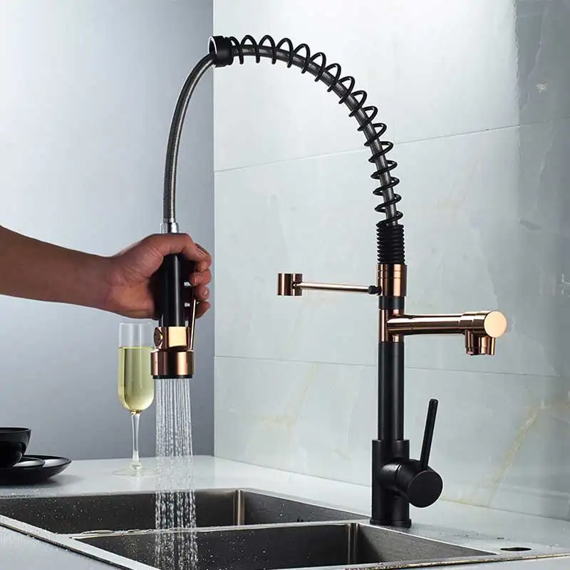 

Rose gold Kitchen Sink Faucet Spring Pull Down Dual Spout Hot and Cold Water Kitchen Mixers Swivel Side Spout Handsfree Sprayer