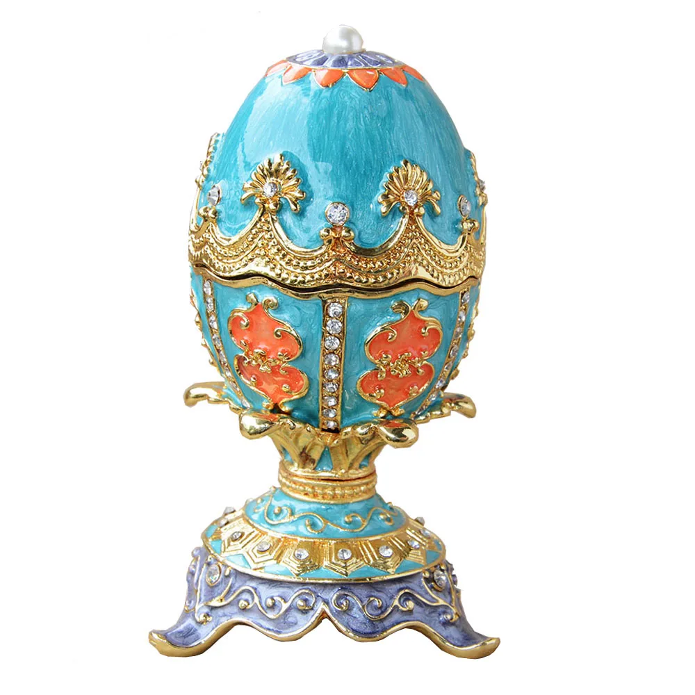 

Easter blue Russian faberge egg jewelry trinket ring box Vintage decor metal alloy crafts birthday/Christmas gift collectible