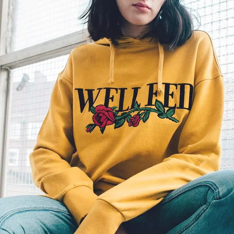 Yellow Sweatshirts Women Flower And Letter Printed Hooded Winter Hoodies Thin Causal Pullovers 