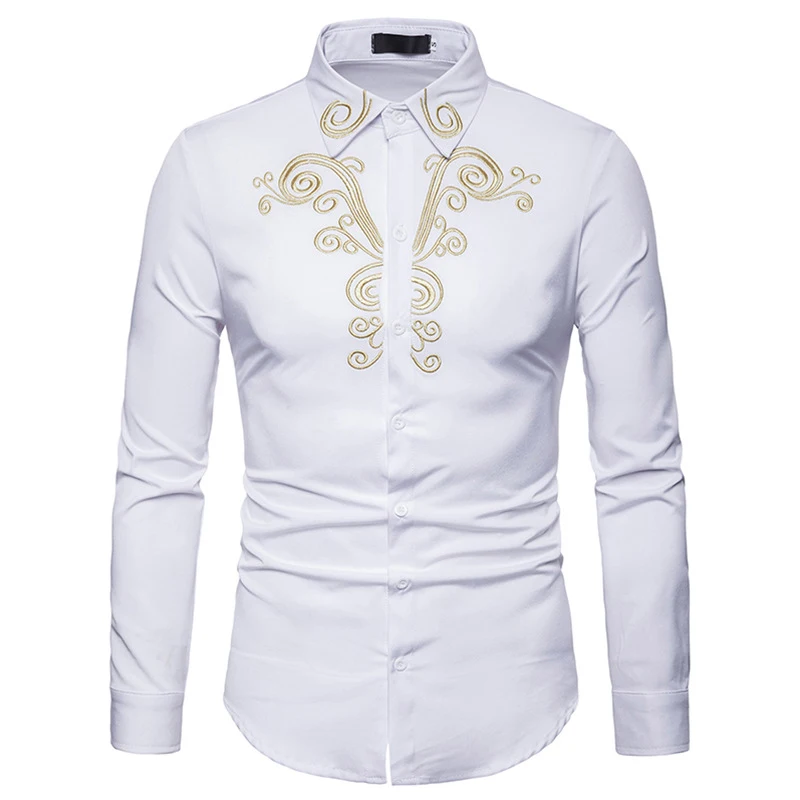 Luxury Gold Embroidery Shirt Men 2018 Brand New Slim Fit Long Sleeve Chemise Homme Casual Button Down Dress Shirts Male Camisas