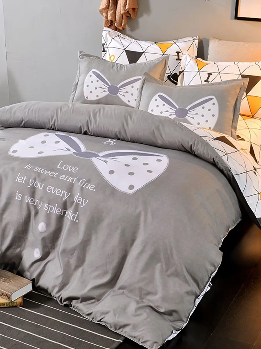 

4Pcs Bedding Sheet Set Elegant Simple Bowknot Pattern Cosy Bed Cover Set