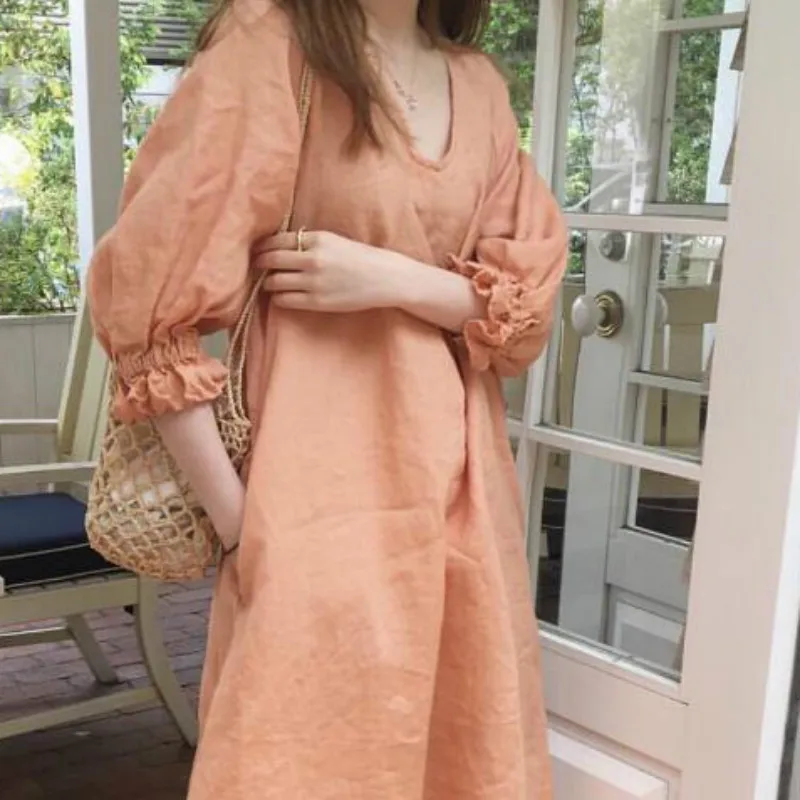 

Women Summer Long Cotton Linen Dress V-neck Puff Sleeve A-line Vestidos Casual Loose Plus Size Robe Femme Sukienki Jurken