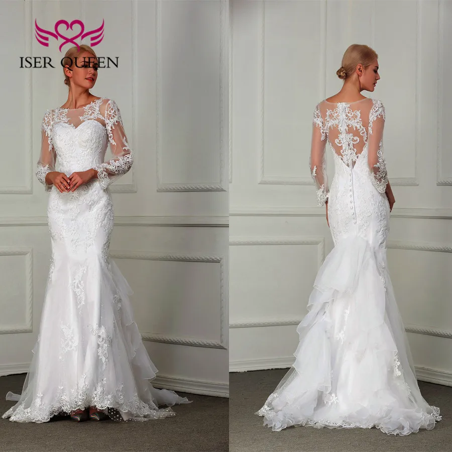 

Illusion Vintage Mermaid wedding Dresses 2019 Long Sleeve Embroidery appliques pearl beading Plus Size Custom Made Wedding Dress