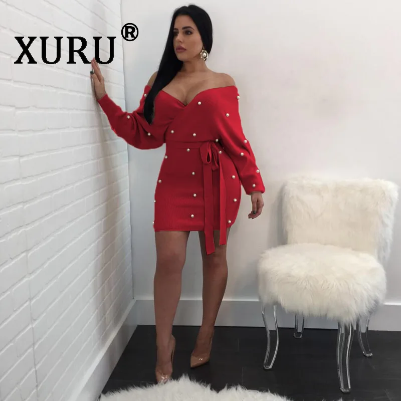 

XURU Autumn New Women's Sexy Long Sleeve Bag Hip Dress Korean Velvet Beads Irregular Cutout Dress Yellow Red Black Dress