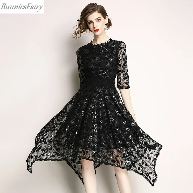 BunniesFairy Лето г. для женщин Элегантный Винтаж пэтчворк с цветочным кружевом нерегулярные платье миди асимметричный низ Половина рукава пляжное