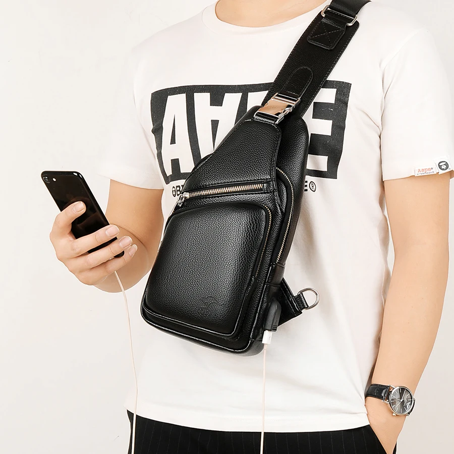 2021 Jackkevin Fashion Mens Shoulder Bag Burglarproof Black Leather Mens Chest Bag USB Charging Crossbody Bags Travel Bag