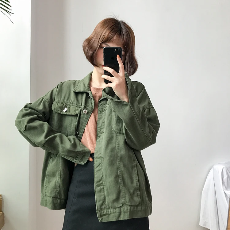 

Korean 2019 Vintage Autumn Solid Cargo Tracksuit Single Breasted Washed Denim Jacket Top Outwear Jean Coat Loose Fit Windbreaker