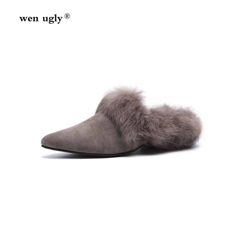 

wen ugly Leather fashion shoes Baotou slippers women's wear flat shoes 2018 new comfortable casual rabbit hair half slippers