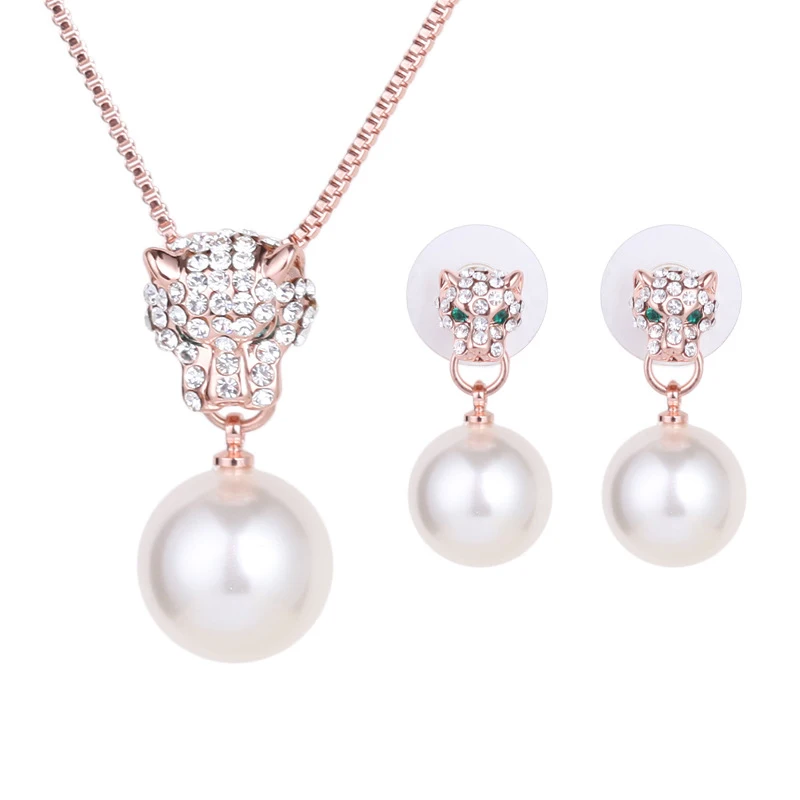 

jewelry sets Women's Artificial Pearls Pendant Leopard Head Necklace Wedding Crystal Earrings Elegant Jewelry Set 2019 style