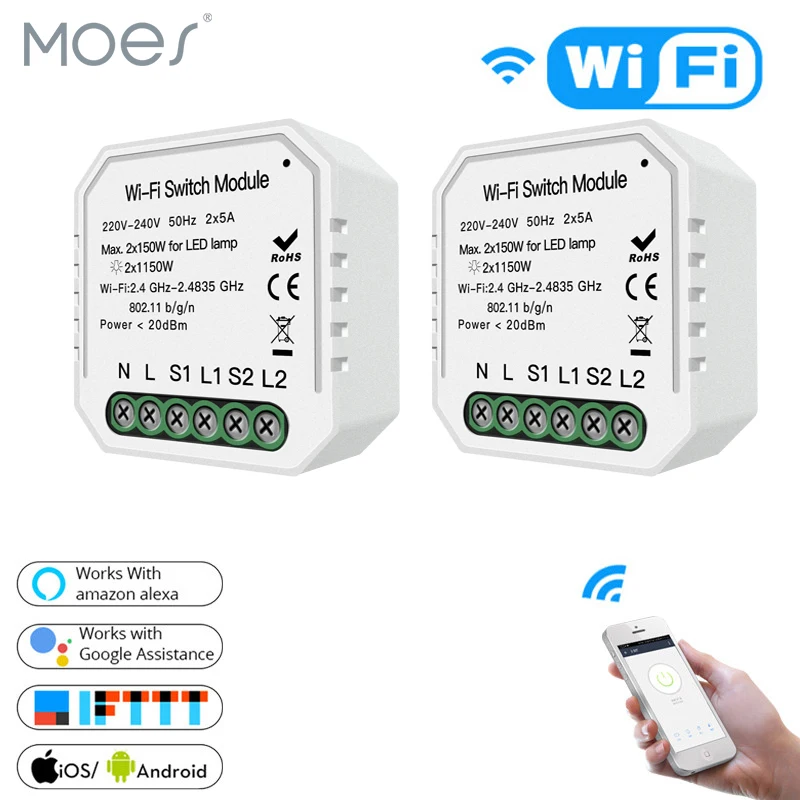 

Wifi Smart Light Switch Diy Breaker Module Smart Life/Tuya APP Remote Control,Working with Alexa Echo Google Home 2 Gang 2 Way.