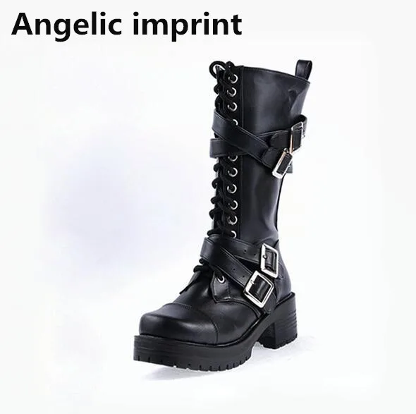 Angelic imprint mori girl/женские мотоциклетные ботинки в стиле панк; женские ботинки Лолиты; женские туфли-лодочки на высоком каблуке; обувь на платформе; Цвет Черный; Размеры 35-39