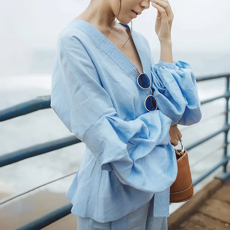 TWOTWINSTYLE кимоно блузка широкие брюки для женщин из двух частей фонарь рукав на