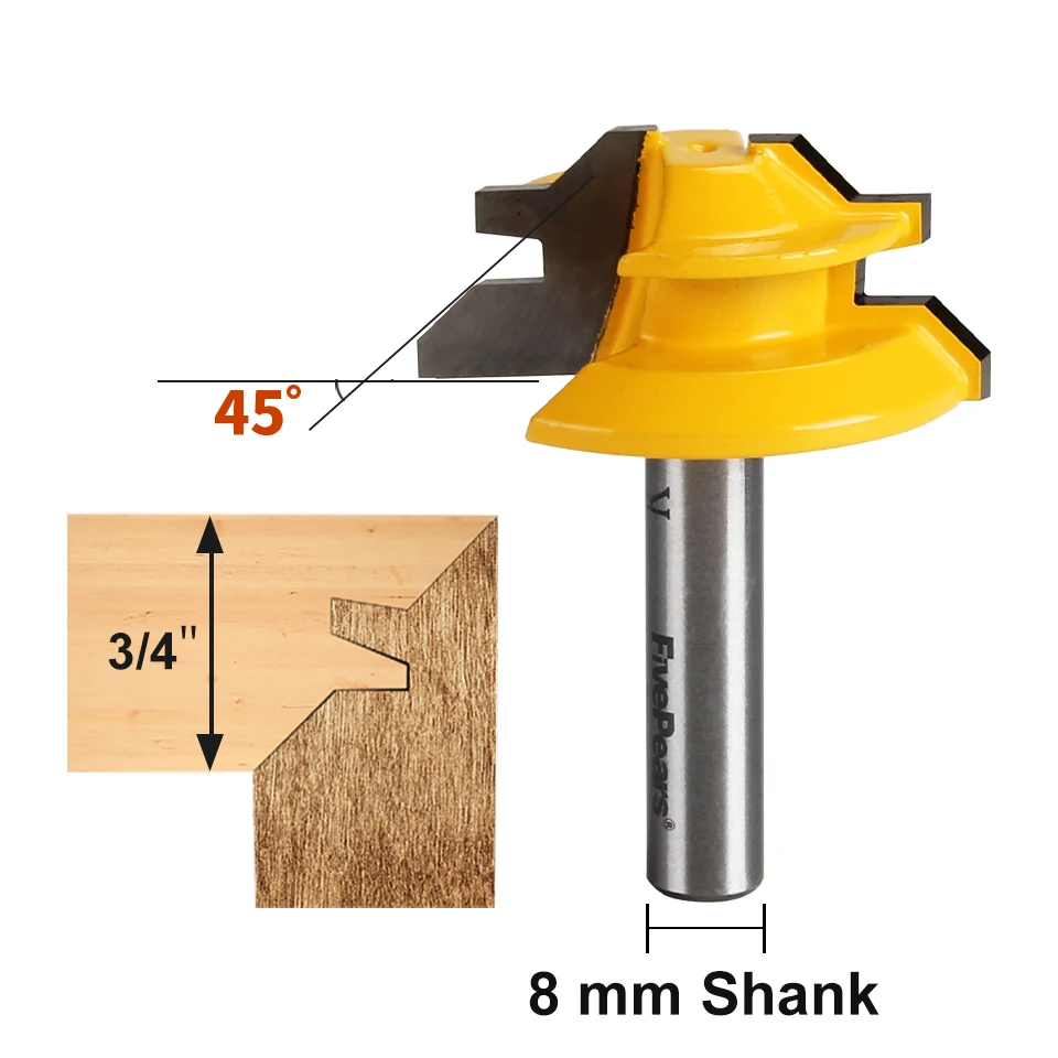 FivePears 45 градусов Блокировка Торцовочная фреза ширина 1-1/2 дюймов фреза с 8 мм хвостовиком деревообрабатывающие фрезы