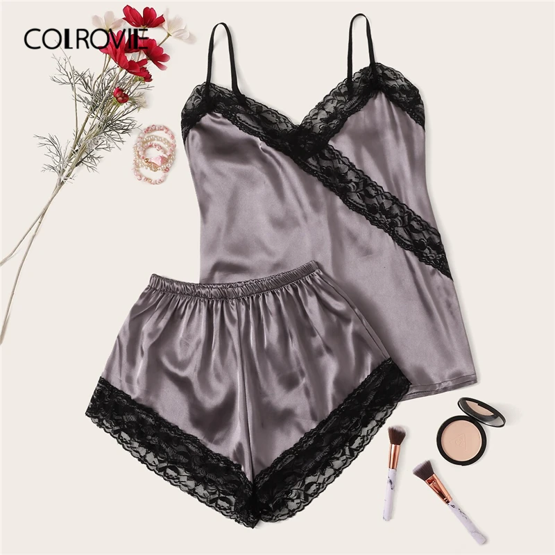 COLROVIE Contrast Lace Satin Cami PJ Set 2019 Summer Sexy Pajamas For Women Spaghetti Strap Sleepwear Ladies Casual Pajama Set
COLROVIE Contrast Lace Satin Cami PJ Set 2019 Summer Sexy Pajamas For Women Spaghetti Strap Sleepwear Ladies Casual Pajama Set