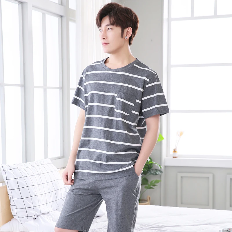 Новейший мужской пижамный комплект размера плюс L-4XL, летняя полосатая Пижама, Мужская одежда для сна с коротким рукавом, короткий топ и штаны, верхняя одежда для отдыха