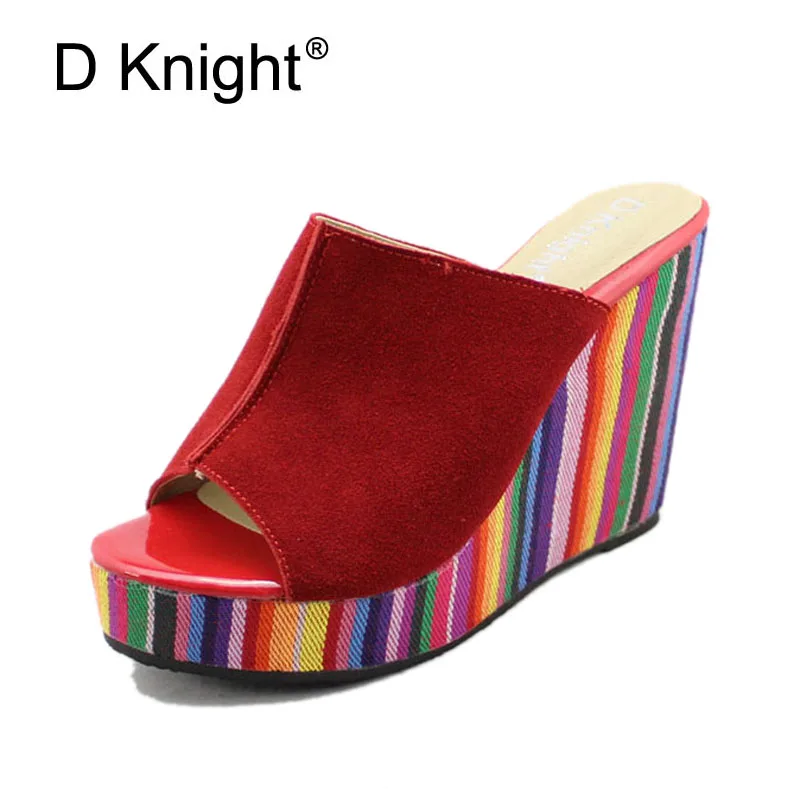 Plus Size 30-43 Woman Slippers Genuine Leather Summer Style Shoes Woman Wedges Heels Fashion Slides Sandals High Heels Black Red new chinese ethnic style high heels string bead wedges slippers genuine cow leather flip flops woman summer casual shoes 34 39
