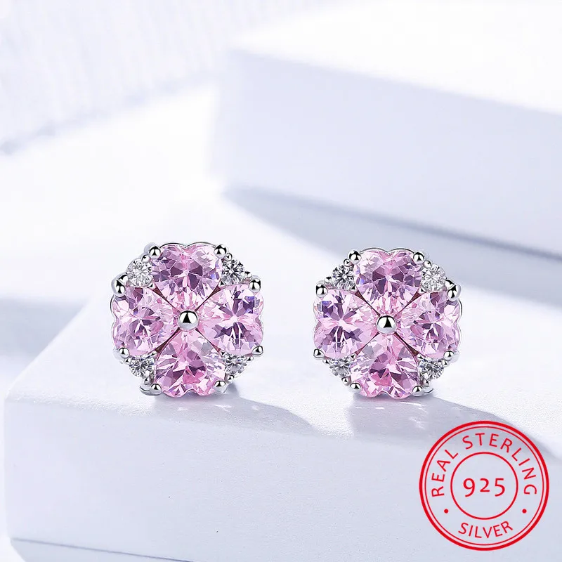 Прекрасная принцесса розовый цветок серьги натуральная 925 пробы Серебряные серьги для Для женщин мода двойной свадебные серьги