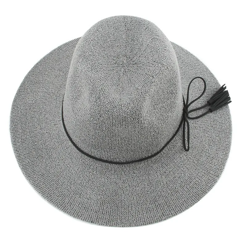Новая женская шляпа, летняя серая верблюжья соломенная шляпа Федора с бантом, с поясом, Панама, шляпа, шляпа от солнца, 15