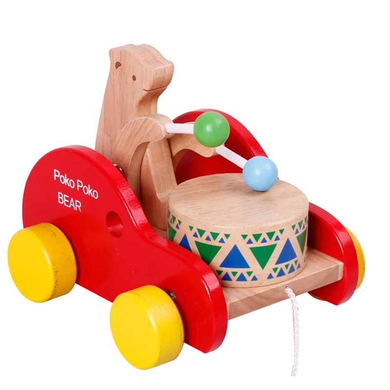 

Wood pull rope Toddler toy bear drum wooden car toys