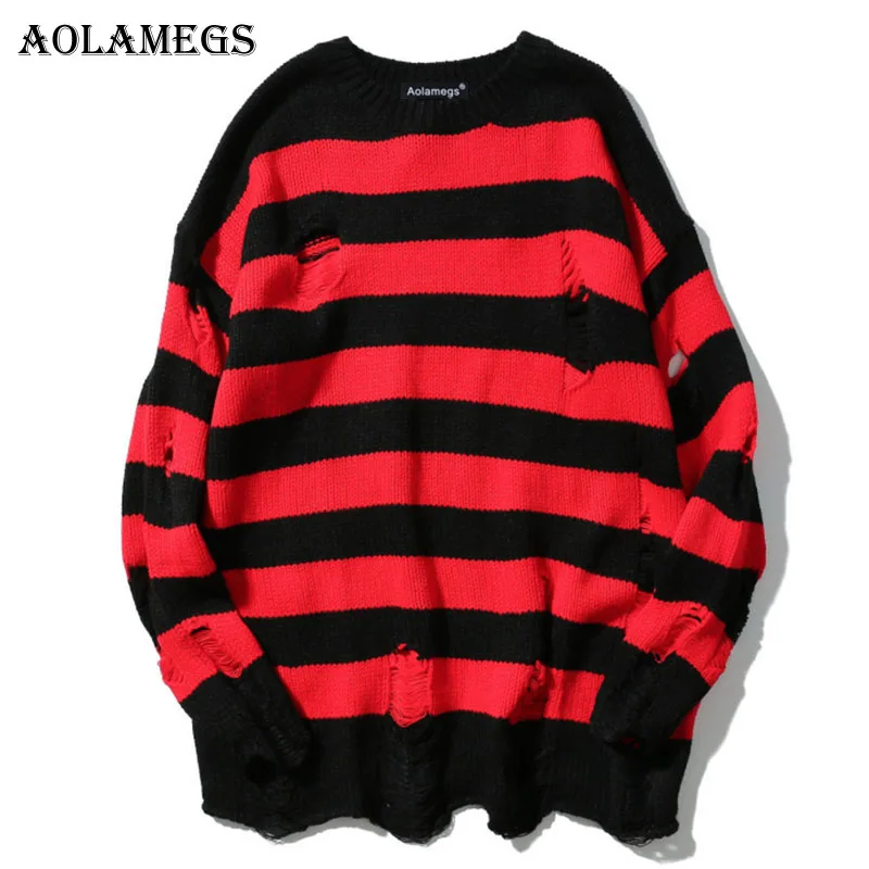 Aolamegs мужской свитер, полосатые толстовки с дырками, пуловер, модный длинный рукав, уличная одежда, повседневная Осенняя, бренд