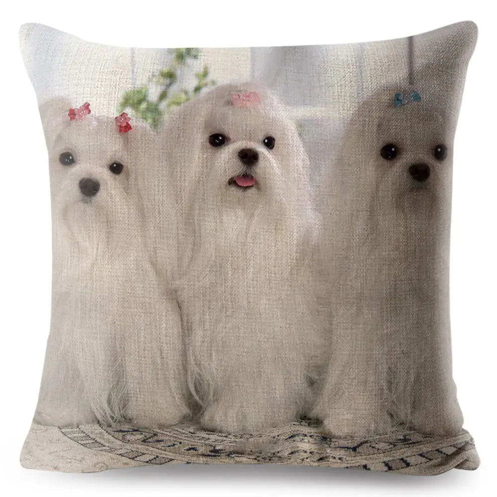 Cute Animal Pet Maltese Dog Pillow Cover Linen Cushion Covers 45*45cm Square Pillow Case Sofa Car Home Decoration Pillowcase