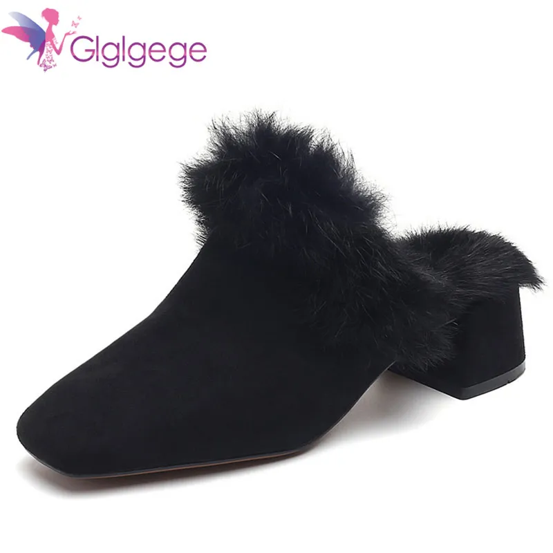 

Glglgege Autumn And Winter New 2018 Low With Plush Plus Velvet Fur Shoes Female Square Top And Thick With Pumps