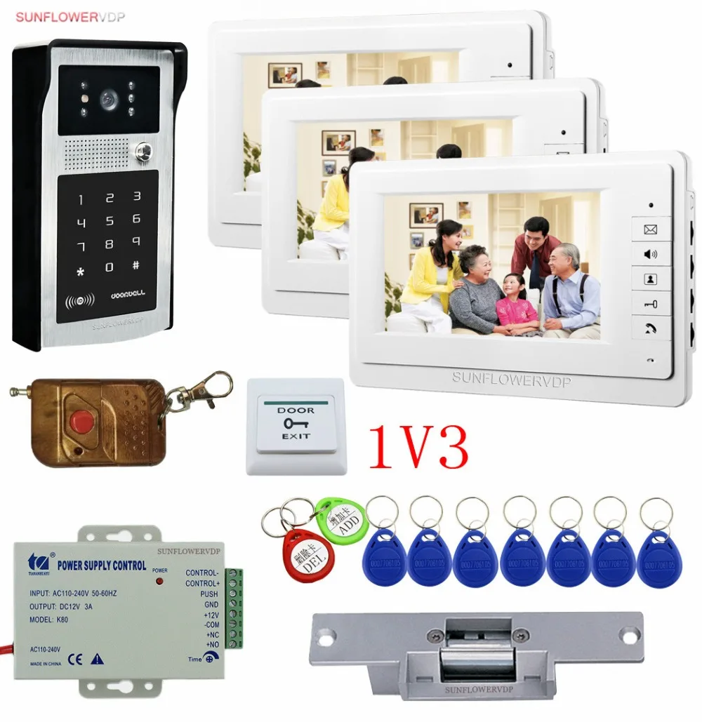 1V3 Rfid Keypad Intercoms For A Private House 3 Monitors 7\ Color Lcds Video Intercom With Remote Control Electric Strike Lock