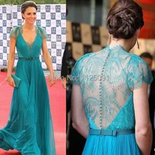 Изготовленное на заказ, шифоновое платье Кейт Миддлтон с v-образным вырезом, кружевной пояс, бисероплетение, длина до пола, платье знаменитостей, синие вечерние платья