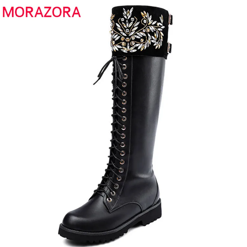 MORAZORA 2018 new arrival genuine leather knee high boots women round toe zip lace up autumn boots comfortable fashion shoes MORAZORA 2018 new arrival genuine leather knee high boots women round toe zip lace up autumn boots comfortable fashion shoes