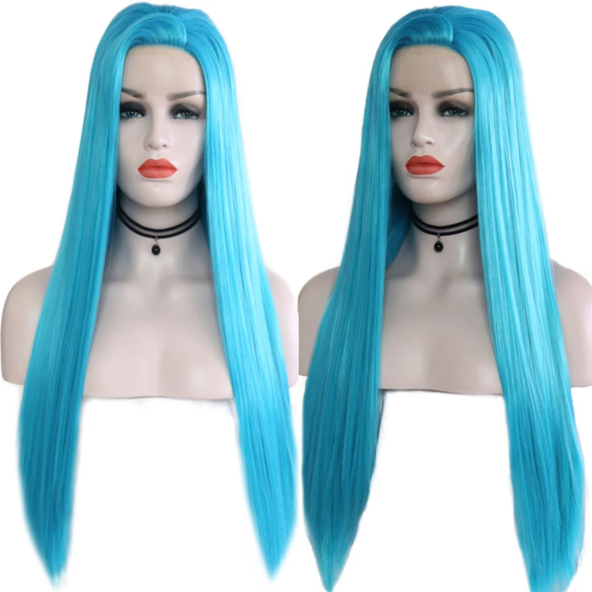 

Rongduoyi 26 Inch Long Straight Hair Middle Part Synthetic Lace Front Wig Blue Wig For Women Heat Resistant Wigs With Baby Hair