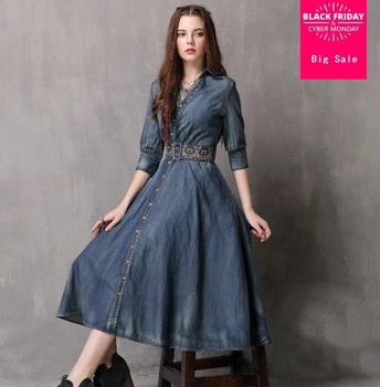 

2020 autumn fashion brand 100% cotton embroidery Denim Dresses female good quality long retro denim dress wj2896 with belt