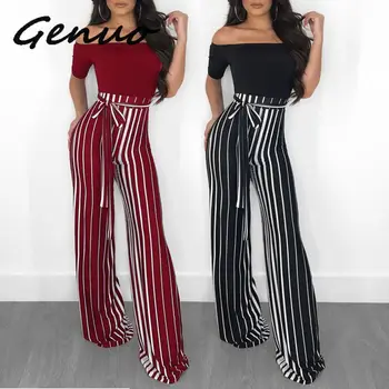 

Genuo New Slash Neck Wide Leg Jumpsuit Elegant Casual Women Bandage Striped Jumpsuit Off Shoulder Fashion Sexy Jumpsuit Female