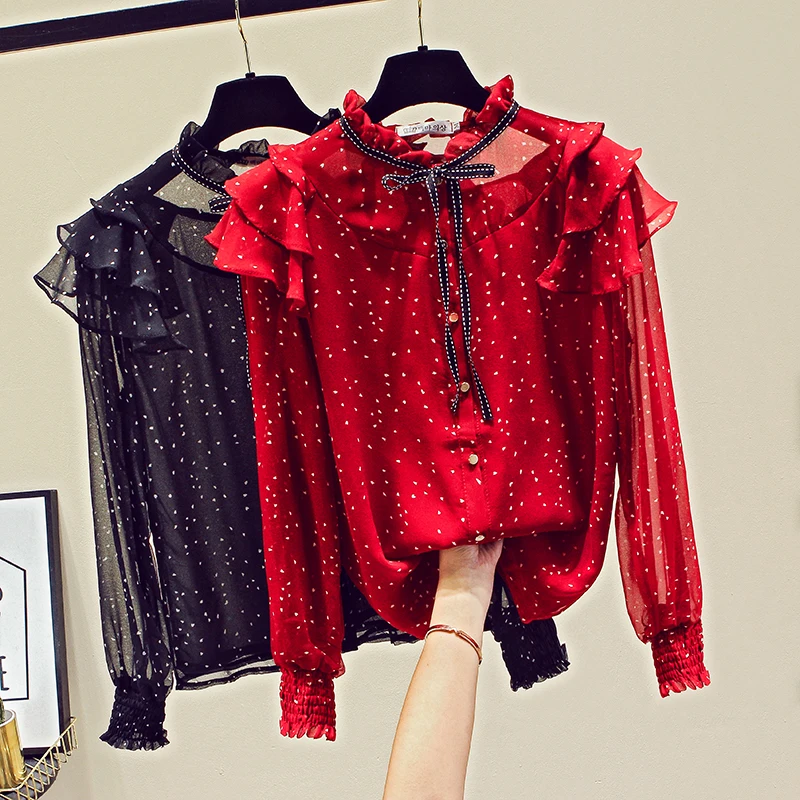 

MUMUZI Chiffon Tops Polka Dot Print Shirt 2019 Spring New Women's Ruffles Bow Long Sleeve Chiffon Shirts Blouses Tops